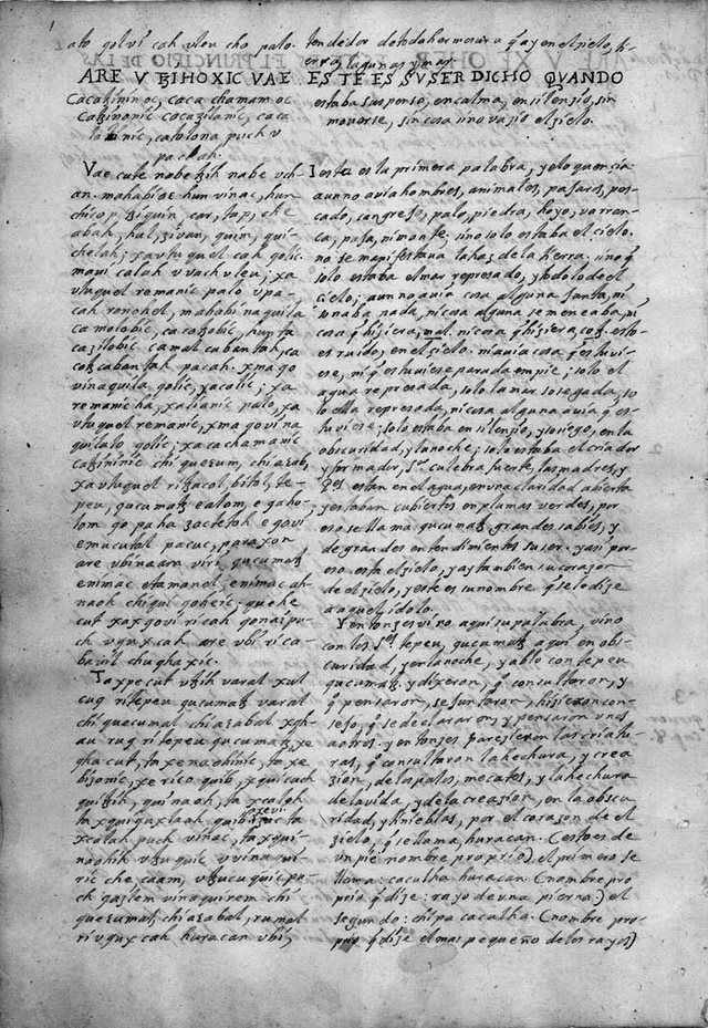 Empiezan las historias(Popol vuh): Title page of oldest known Popol Vuh manuscript