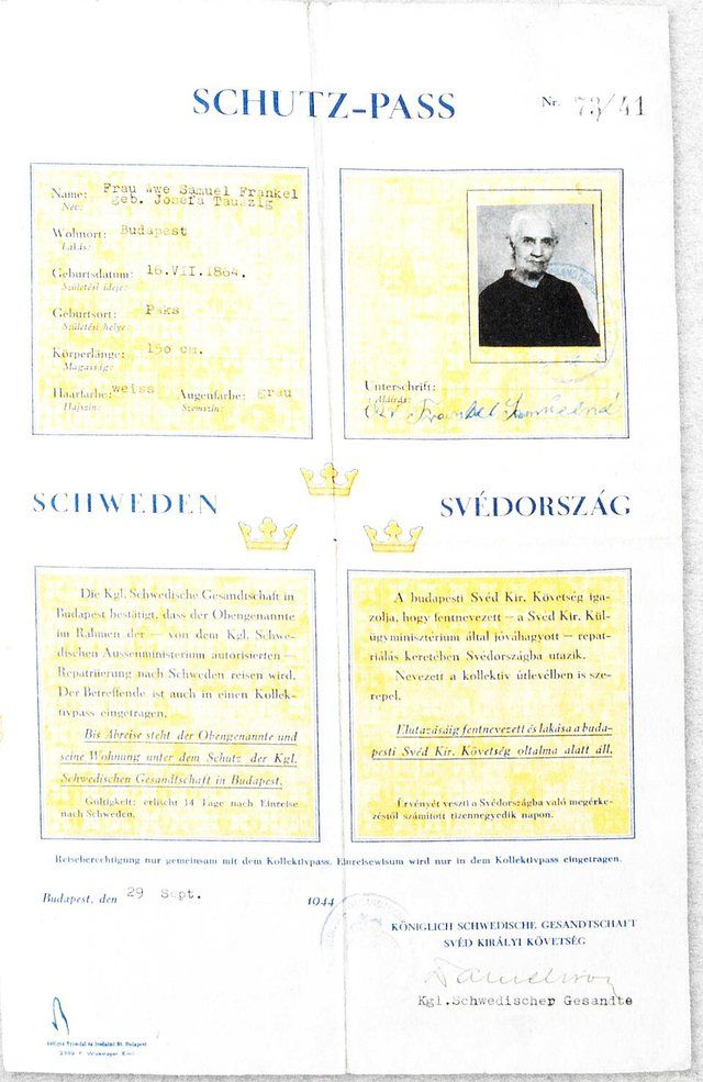 Raoul Wallenberg Schutzpass 29. September 1944: Raoul Wallenberg protective passport (Schutzpass), dated 29 September 1944, for Josefa Frankel, née Tauszig, signed by Carl Ivan Dan