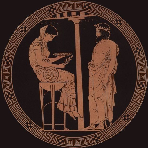 Themis Aigeus Antikensammlung Berlin F2538: Themis and Aegeus. Attic red-figure kylix, 440–430 BC. From Vulci.