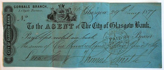 City of Glasgow Bank cheque1877: A cleared cheque from 1877, the year before the collapse of the City of Glasgow Bank